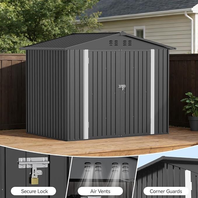 COMHOMA Shed Storage Outdoor Metal Windowed Lockable Weatherproof Ventilated Backyard Garden Utility Workshop(Grey,8'*6')