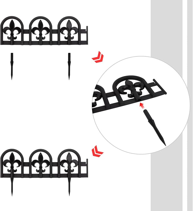 Evelyne Black Garden Border Plastic Edging – PP Plastic, Metal-Free Wrought Iron Look Design, 27pcs Black Yard Landscaping Fence Liner Lawn Edge Barrier, 35ft Kit of Decorative Lawn Landscape Panels