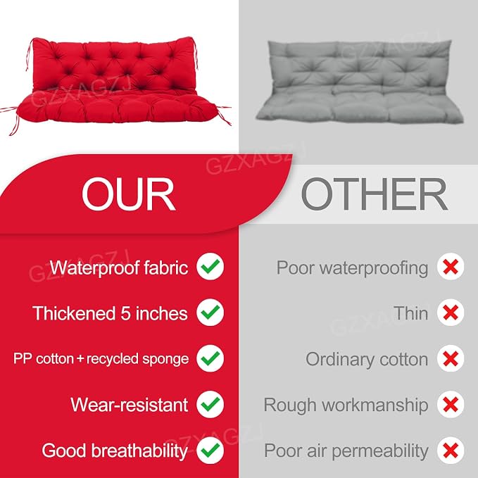 Porch Swing Cushions Outdoor 60 inch Waterproof Thicken 5" Swing Cushions Replacement with Backrest and Ties for Outdoor Furniture Porch Patio Garden Lawn (Bright red)