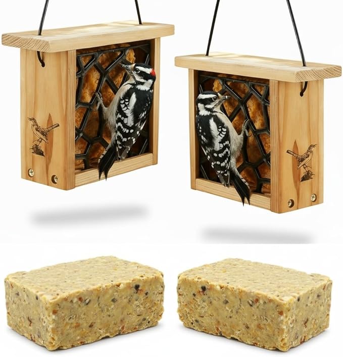 2pk Suet Bird Feeders with 2 Suet Cakes for Outside Clearance - Suet Cake Feeder for Outdoor - Hanging Birdfeeder for Suets - Hanging Cable Wire Weather Ability Cedar Wood Longterm Lasting