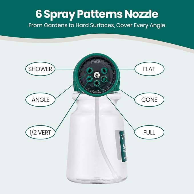 VENETIO 5-Dial Hose Attachment Spray Gun Pro with 6 Watering Patterns Nozzle and 30oz Refillable Bottle, Versatile Hose-End Garden Sprayer for Liquid Fertilizer, Weed Killer, Soap & Outdoor Cleaning