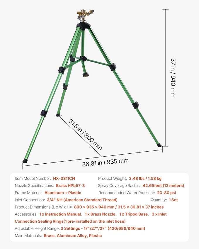 VEVOR Impact Sprinkler on Tripod Base, Heavy Duty Tripod Sprinklers with Brass Head & 3/4" Connector, 360 Degree Large Area Coverage Irrigation Sprinkler, Adjustable Heights, for Yard Green