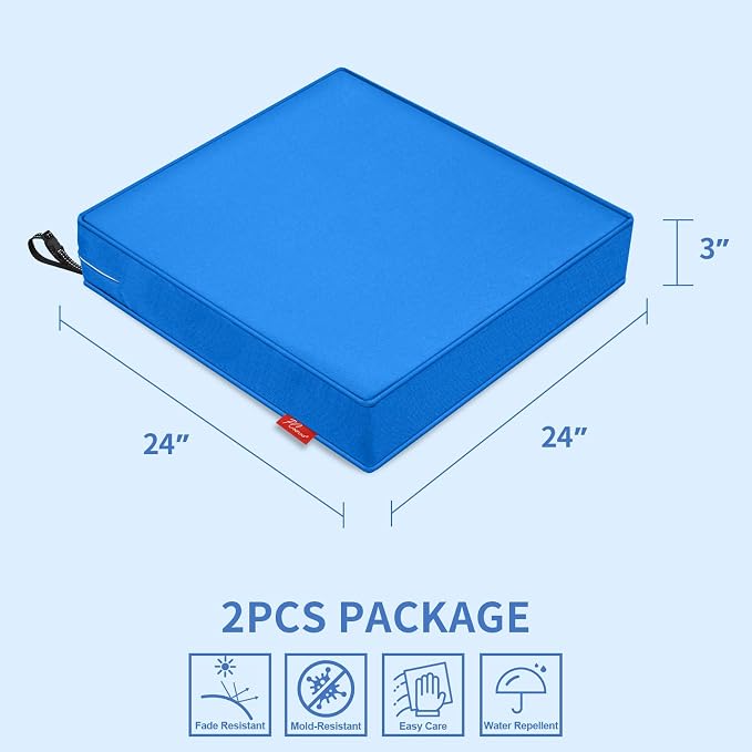 Patio Chair Cushions 24x24 Inch, Water Repellent Outdoor Seat Cushions with Adjustable Straps, Fade Resistant Replacement Cushions for Garden Deck Sofa Couch, Set of 2, Sky Blue