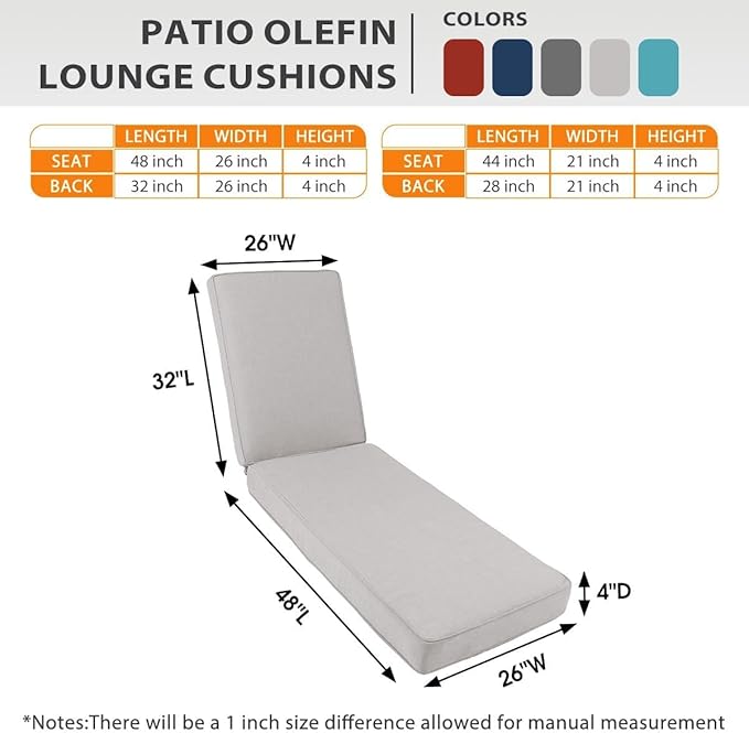 Sundale Outdoor Olefin Chaise Lounge Cushion, Water-Resistant Patio Lounge Chair Cushion, Thick Lounger Pad with 4 Straps Light Gray, 80 x 26 x 4 Inches