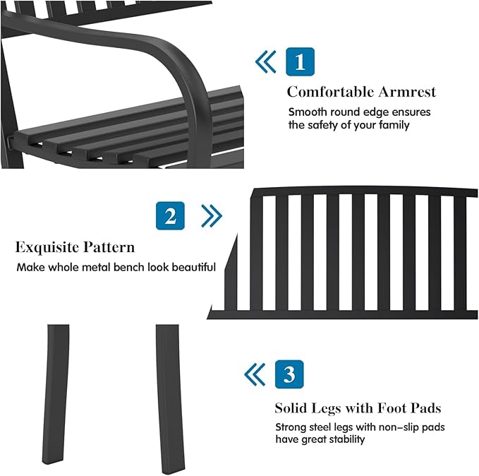 On Shine 50'' Outdoor Bench Weatherproof, Cast Iron All Metal Frame Garden Bench, Anti-Rust Patio Park Bench Clearance for Front Porch, Yard, Lawn, Deck