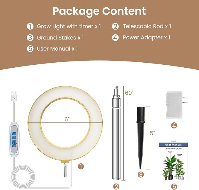 Kullsinss Grow Lights for Indoor Plants, Full Spectrum Plant Lights for Indoor Growing with 6/12/16H Timer, 3 Color Modes, 5 Brightness, 10"-65" Height Adjustable Wood Grain Plant Growing Lamp