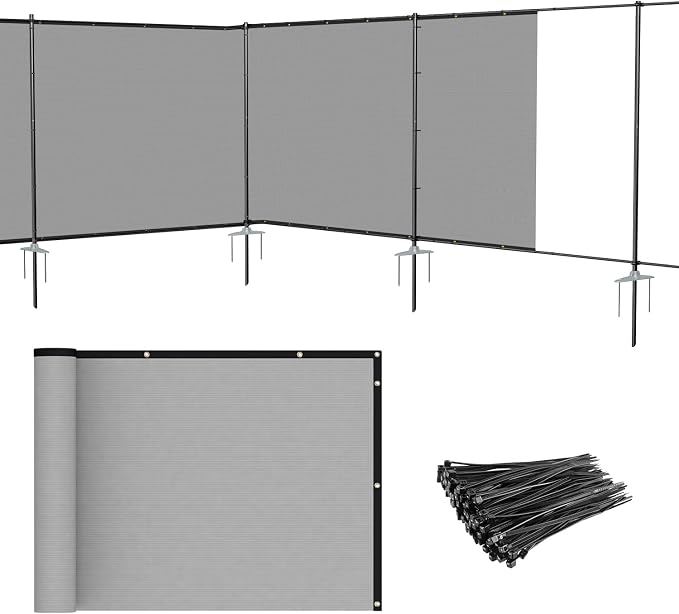 Patio 5' x 68' Outdoor Privacy Screen Freestanding Temporary Fence Panels Net Cover with Metal Poles for Outside Backyard Pool Garden Air Conditioner Fencing, Light Gray