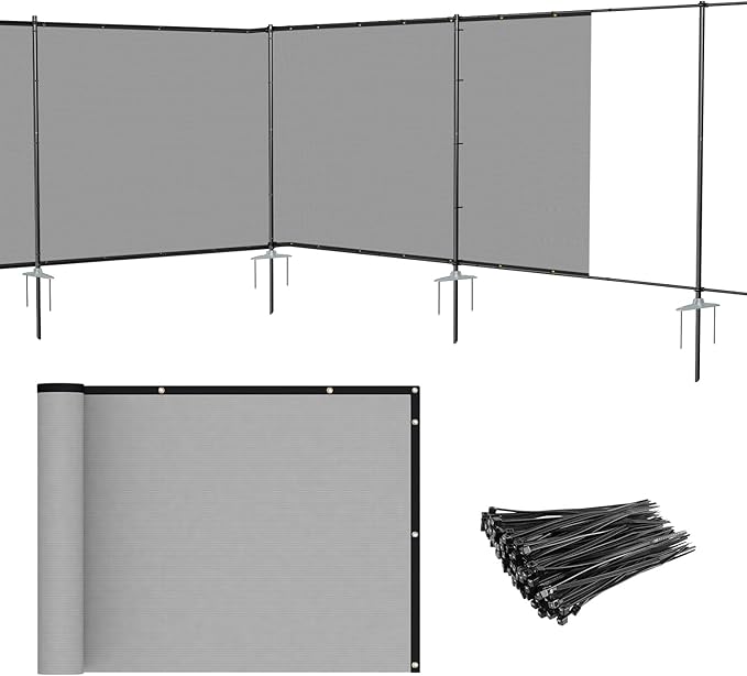 Patio 5' x 141' Outdoor Privacy Screen Freestanding Temporary Fence Panels Net Cover with Metal Poles for Outside Backyard Pool Garden Air Conditioner Fencing, Light Gray