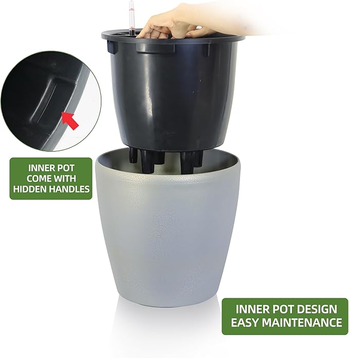 Dexceder 13x12 Self Watering Planter with Wheels (Grey Gold Crackle) | Inner Pot Design, Thickened Large Floor Standing Flower Plant Pot with Water Level Indicator Indoor Outdoor
