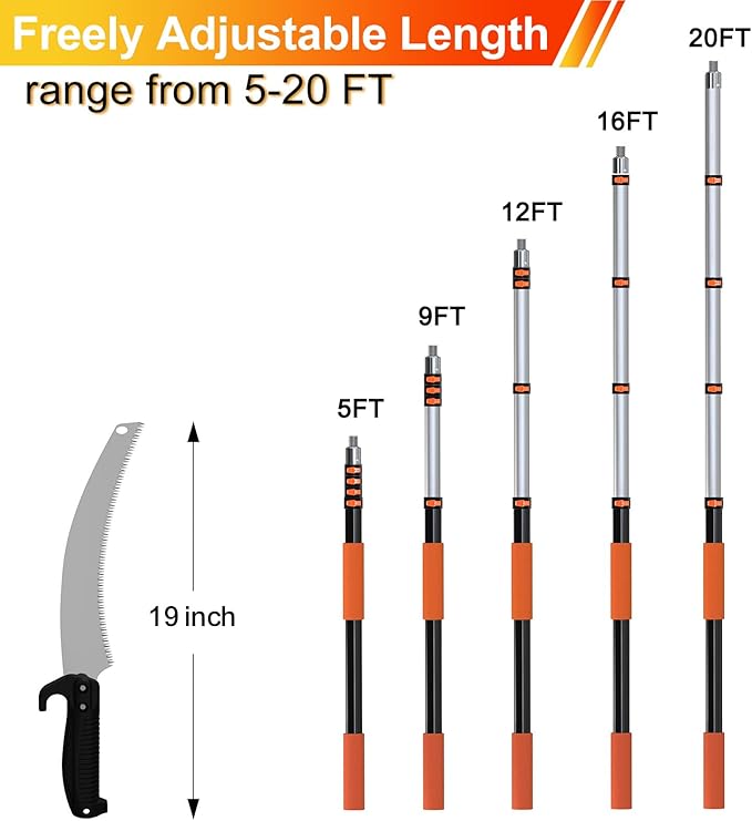 LAANPOLE 26FT Pole Saw, Telescoping Tree Trimmer with 5-20FT Extension Pole, Manual Branches Pruner for Backyard, Orange