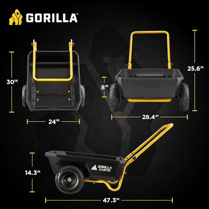 Gorilla Carts GCR-4 Poly Dump Cart, 2-Wheel Garden Wagon with Foldable Handle, 4 cu ft, 300 lb. Capacity, Black/Yellow