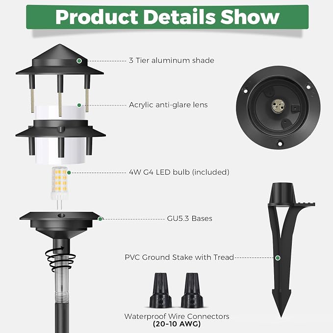 Gardencoin Pagoda Low Voltage Landscape Pathway Lights, 12V Outdoor LED Path Lights Wired, Aluminum Walkway Lighting with 4W 2700K Replaceable G4 Bulb, Classic 3-Tier Lantern, 12 Pack
