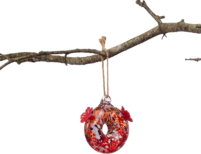 Red Carpet Studios Hummingbird Feeder Hand-Blown Art Glass, Hanging Birdfeeder with Twin Flower Feeding Ports, 5.5" Round Red