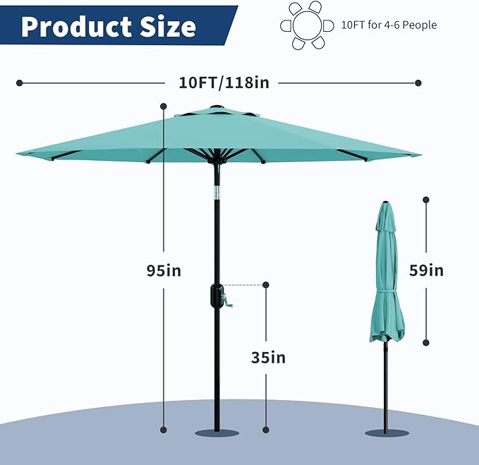 Garvee 10 ft Outdoor Patio Umbrella 8 Sturdy Ribs Outdoor Table Umbrella with Crank Lift & Push Button Tilt - UV Protection Waterproof Market Umbrellas for Pool, Deck, Yard, Garden, Lake Blue
