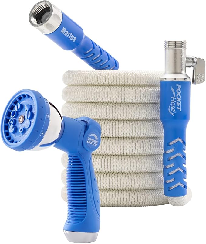 Pocket Hose 50 ft Expandable Garden Hose for Marine & RV Use – Drinking Water Safe & Lead-Free, 3/4” Lightweight No-Kink Hose with On/Off Valve, 10-Pattern Sprayer & Storage Bag