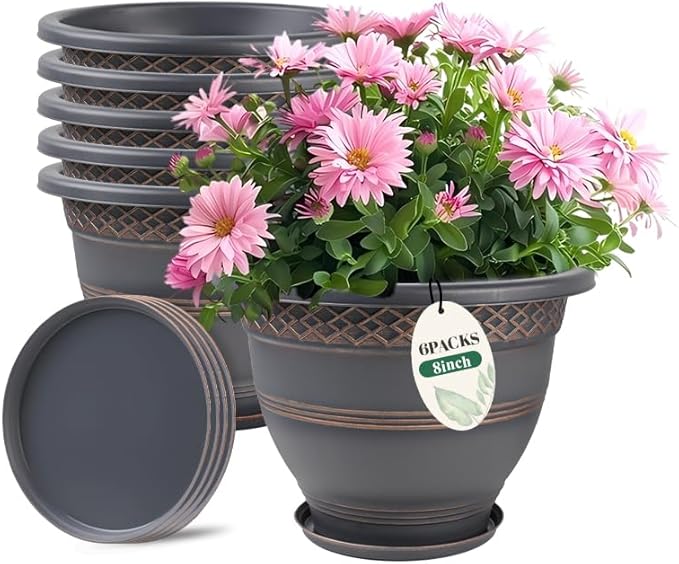 Usocik 6 Pack 8 Inch Plant Pots, Plastic Flower Pot for Indoor & Outdoor with Drainage Holes & Saucer, Plaid Pattern Planters Garden Pots for Herbs