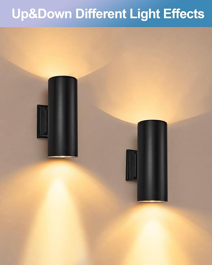 pearlstar 2 Pack Solar Wall Lights Outdoor Dusk to Dawn Solar Sconces Lights, Up & Down Warm White Glow IP65 Waterproof Wall Mount Lamp for Outside Garage Fence Patio Porch Yard