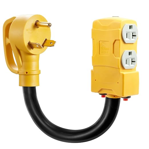 50 Amp to 20 Amp 110V RV Distribution Adapter,NEMA 14-50P to 4 X 5-20R/15R RV 4-Prong to Mutiple Household Outlet w/ 20Amp Circuit Breaker RV Generator Distribution Cord (TT-30P-4 X 5-20R/15R)