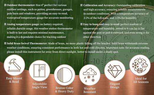 6" Outdoor Thermometer for Greenhouse, Garage and Patio. Weatherproof & Decorative Outside Temperature Gauge for Window, Antique Copper with Humidity (Easy-Read Brass Swivel Design)