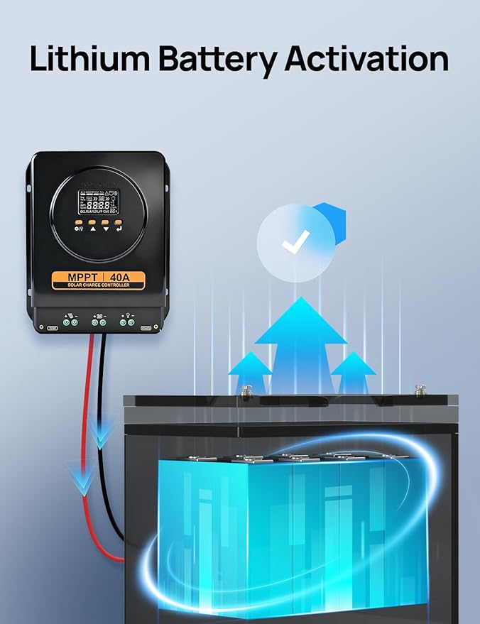 ECO-WORTHY MPPT Solar Charge Controller 40A with Bluetooth, 12V/24V Auto, LCD Display, Compatible with LiFePO4 Gel SLA Battery, Lithium Battery Activation for Solar Panels