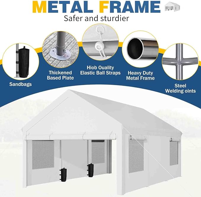 JAMFLY 12x20 ft Carport, Heavy Duty Carport with Roll-up Windows, Portable Garage with Removable Sidewalls & Doors, Car Canopy with Sandbags and All-Season Tarp for Car, Truck, Boat, Motorcycle, White