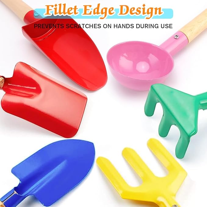 6 Piece Kids Gardening Tools, Children Beach Sand Box Toys, Made of Metal with Sturdy Wooden Handle, Safe Beach Gardening Set, Spoon, Fork, Rake & Shovel, Gifts for Kids