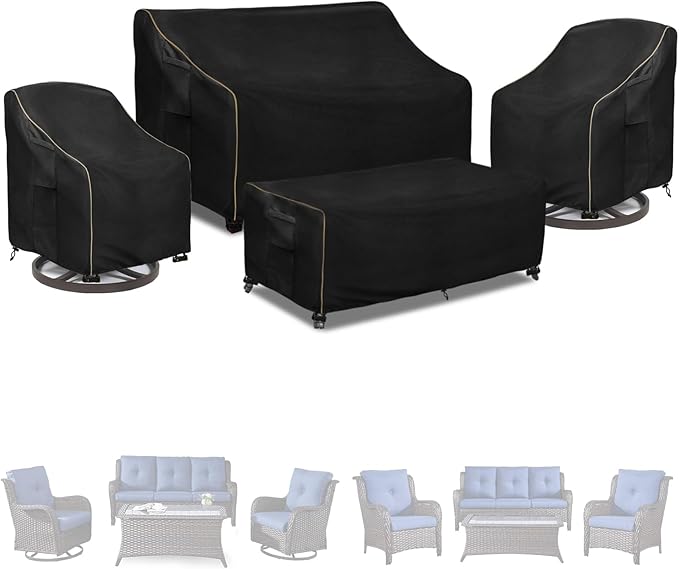 Patio Furniture Covers 4 Piece Set, 600D Heavy Duty Outdoor Furniture Covers Waterproof for Patio 3-Seater Sofa,Swivel Rocker Chair and Coffee Table Furniture Set,Black