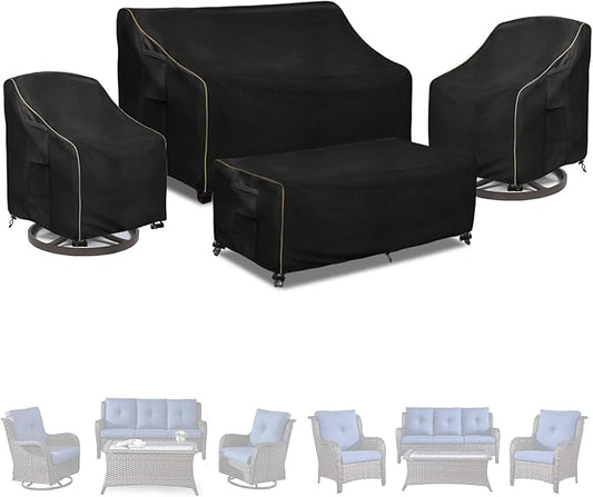 Patio Furniture Covers 4 Piece Set, 600D Heavy Duty Outdoor Furniture Covers Waterproof for Patio 3-Seater Sofa,Swivel Rocker Chair and Coffee Table Furniture Set,Black,X-Large