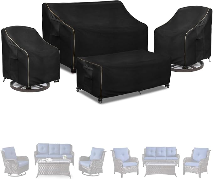 Patio Furniture Covers 4 Piece Set, 600D Heavy Duty Outdoor Furniture Covers Waterproof for Patio 3-Seater Sofa,Swivel Rocker Chair and Coffee Table Furniture Set,Black,XX-Large