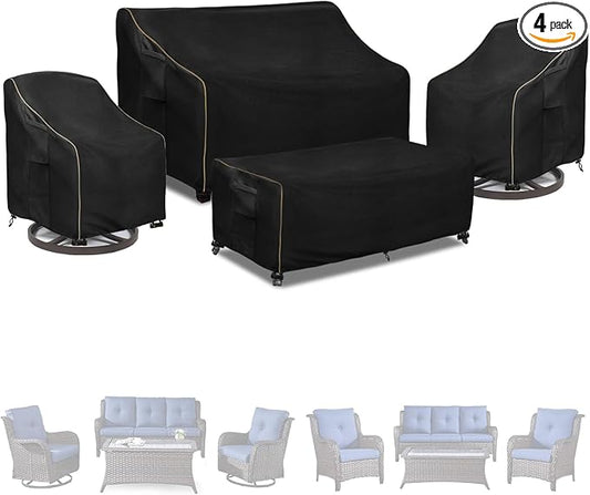 Patio Furniture Covers 4 Piece Set, 600D Heavy Duty Outdoor Furniture Covers Waterproof for Patio 3-Seater Sofa,Swivel Rocker Chair and Coffee Table Furniture Set,Black