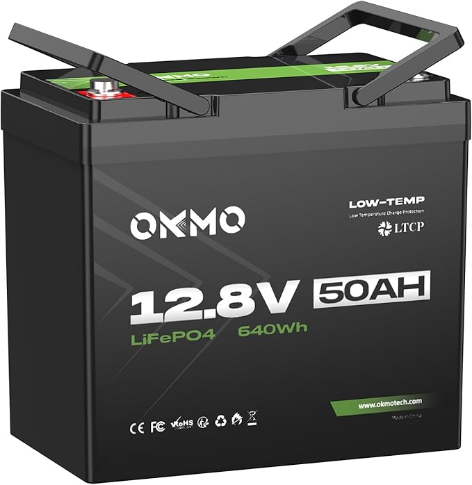 OKMO 12V 50Ah Trolling Motor LiFePO4 Lithium Battery Mini, 10 Years lifetime 8000+ Deep Cycles, for 30~50lb Kayak,Marine Motor,Boat,Camper, Power Wheels Toys, Iron Phosphate