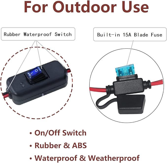 SAE to Battery Alligator Clip - 12V SAE 2Pin Quick Disconnect Cable 10ft SAE to Battery Clamp Cord 15A Fuse (10FT)