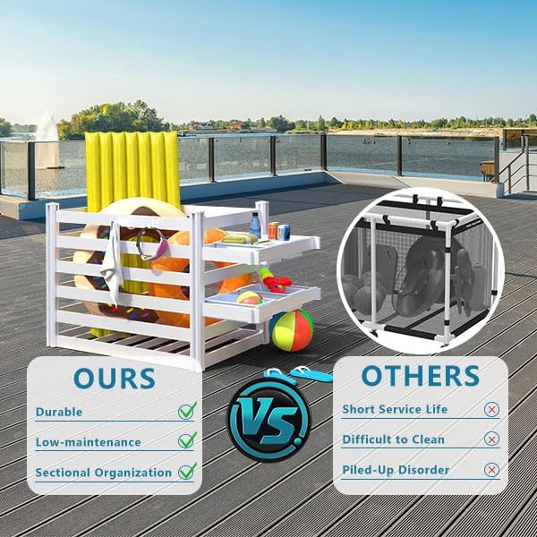 EUNHOO Pool Toy Storage Organizer, 64" L x 36" W x 39" H, Outdoor Deckbox with 4 Removable Towel Hooks & 2 Basket Rack (Basket not incl.) Waterproof Poolside Float Equipment Enclosure Bins Deck