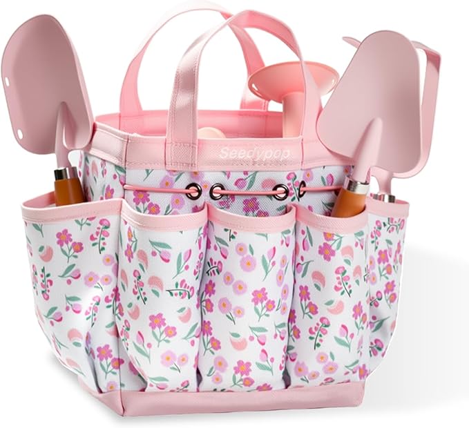 Handmade Kids Gardening Tools Set - 8Pc Artisan Garden Kit with Real Wood Handles, Metal Heads, Bunny Hat, Apron & Tote - Educational Nature Gift for Toddlers & Girls (Pink Floral)