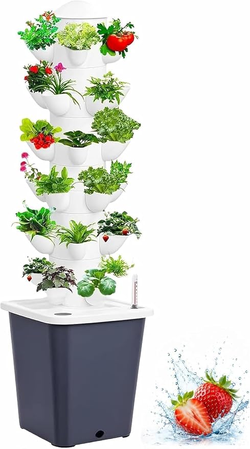 Vertical Hydroponic Tower Garden - 6 Tier Hydroponics Growing System Kit with 30 Pods, Water Tank & Pump, Aeroponic Tower for Herbs, Lettuce, Vegetables & Strawberries, Indoor Outdoor, Gray