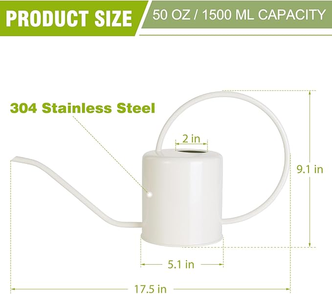 Plant Watering Can, 50 oz / 1500 ml Stainless Steel Metal - Modern Decorative with Long Spout for Indoor Potted Plants, Bonsai, Garden Flowers, Cream White