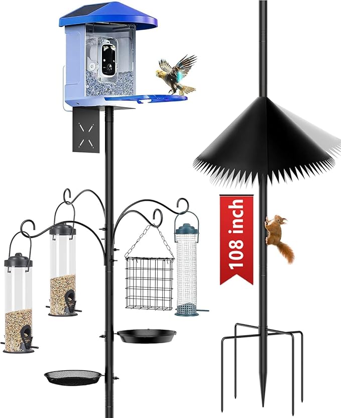 Bird Feeder Pole, 108 inch Bird Feeder Stand Station with Squirrel Proof Baffle, Outdoors Birdhouse Pole Heavy Duty, Metal Black