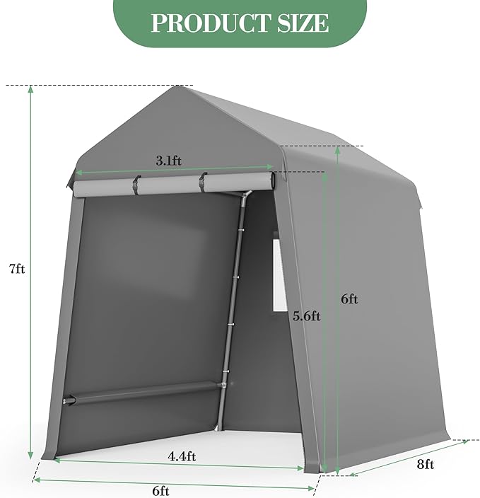 6x8FT Outdoor Storage Tent Heavy Duty Portable Shelter with Zipper Roll Up Doors