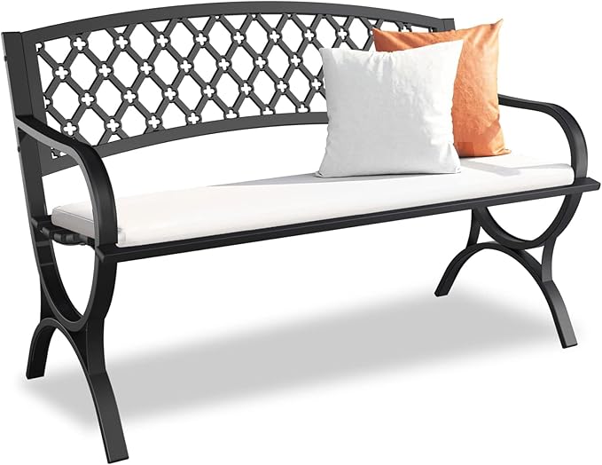 Outdoor Bench Garden Benchs, Weatherproof Anti-Rust Heavy-Duty Outside Bench Clearance, Wrought Iron Metal Bench for Front Porch, Patio, Park, Ergonomic Backrest, Slatted Seat