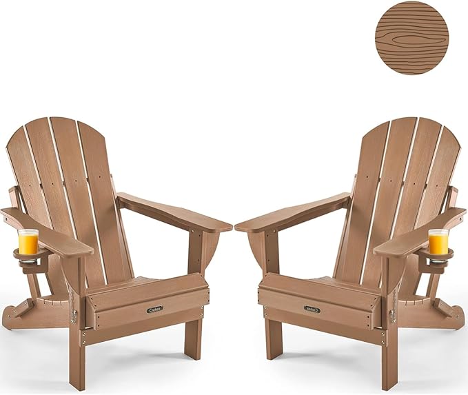 Ciokea Folding Adirondack Chair 2 Pack, Patio Adirondack Chair Weather Resistant, Plastic Fire Pit Chair with Cup Holder, Lawn Chair for Outdoor Porch Garden Backyard Deck (Teak)