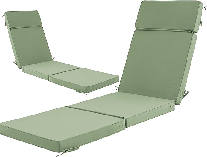80 x 26 Inch Outdoor Chaise Lounge Cushions Set of 2 - Removable Cover, 4-Section Design, Water-Repellent & Fade-Resistant, 6 Tie Straps, Replacement for Patio & Pool Chairs - Sage Green
