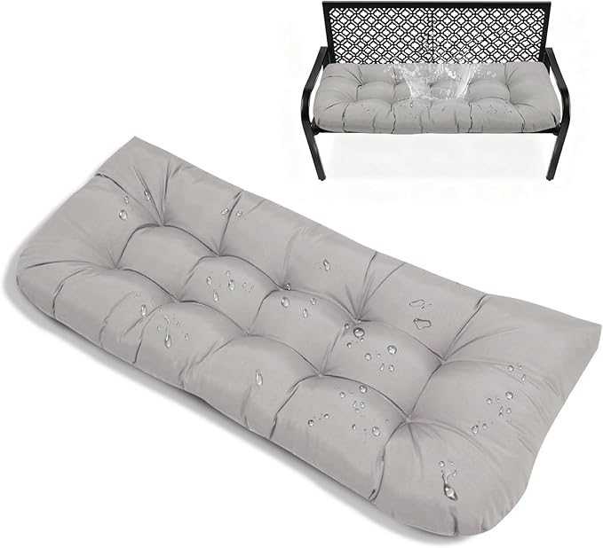 Outdoor Bench Cushions Light Grey Waterproof Tufted Overstuffed Bench Cushions with Ties for Swing Loveseats Patio Indoor Funiture 51x 20