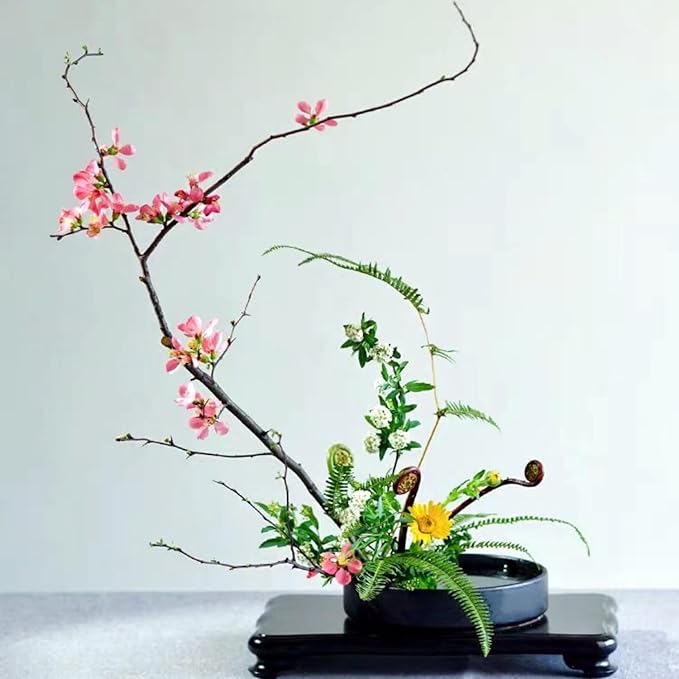 8.5inch Japanese Ceramic Ikebana Vase Kit with 2.4inch Metal Floral Frog Round Stems Holder, Japanese Flower Arranging Supplies Kenzan Flower Container (Black)