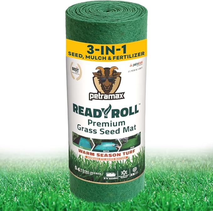 Petramax ReadyRoll Biodegradable Bermuda Grass Seed Mat for Southern Lawn 54 Sq ft. 3-in-1 Grass Seed Rolls w/Mulch & Fertilizer - Perennial Rye, Tall Fescue Blend - Heat Tolerant Lawn Repair Patch