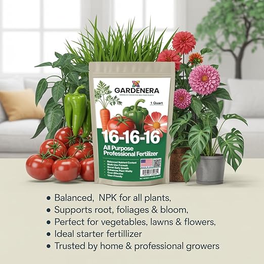 Gardenera 16-16-16 Premium All Purpose Professional Fertilizer - Lawn, Flower, Tree, Shrub & Vegetable Fertilizer (8 OZ)