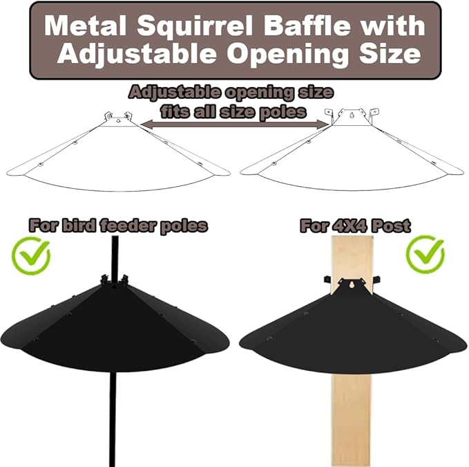 24 Inch Metal Squirrel Baffle,Adjustable Opening Size, for Up to 4x4 Wide Wooden Post,Squirrel Baffle for Bird Feeders Without Removing Bird Feeder Poles Or Shepherd's Hooks.Deep Black 1Pack