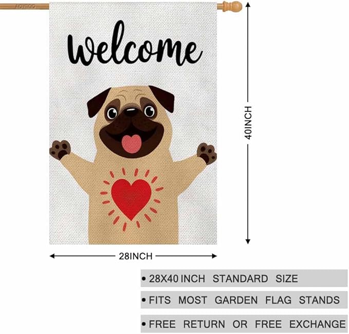 AOYEGO Funny Dog Welcome House Flags 28 x 40 Double Sided Burlap Greeting Cute Dog Sweet Pug Hug Yard Flags Spring Summer Farmhouse Seasonal Outdoor Flag