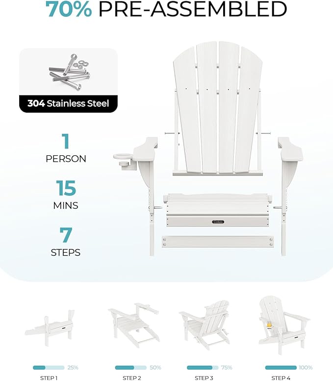Ciokea Folding Adirondack Chair 6 Pack, Patio Adirondack Chair Weather Resistant, Plastic Fire Pit Chair with Cup Holder, Lawn Chair for Outdoor Porch Garden Backyard Deck (White)