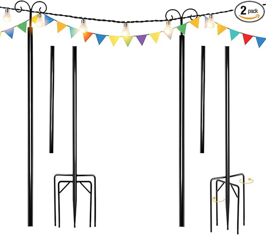 Goplus String Light Pole for Outside, 2 Pack 10ft Outdoor Metal Poles with Hooks for Hanging String Lights, Heavy Duty Garden, Backyard, Patio Light Poles Stand for Deck, Parties, Wedding