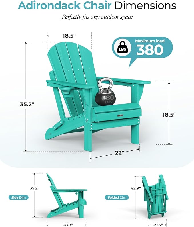 Ciokea Folding Adirondack Chair Wood Texture, Patio Adirondack Chair Weather Resistant, Plastic Fire Pit Chair with Cup Holder, Lawn Chair for Outdoor Porch Garden Backyard Deck (Lake Blue)
